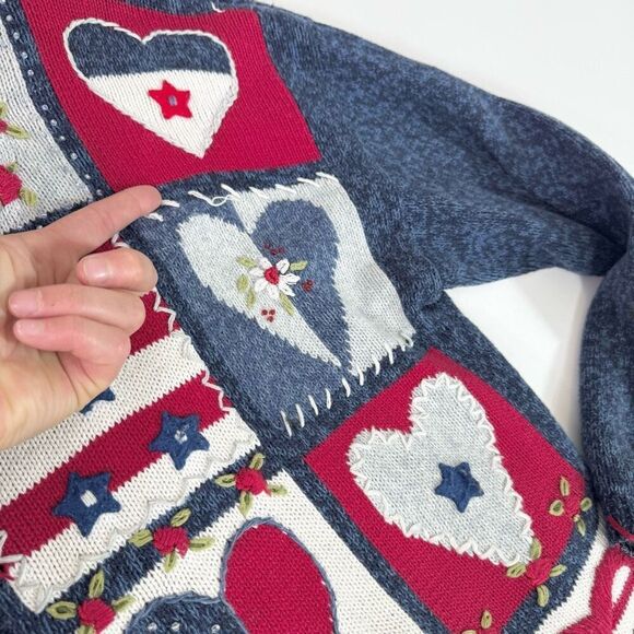 Heirloom Collectibles Sweater Womens XL Patriotic Heart Cardigan Patchwork USA* - Picture 2 of 9